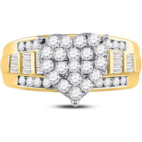 10K Yellow Gold Round Diamond Heart Cluster Bridal Engagement Ring with Pave and Baguette Diamonds - 1 Carat Total Diamond Weight