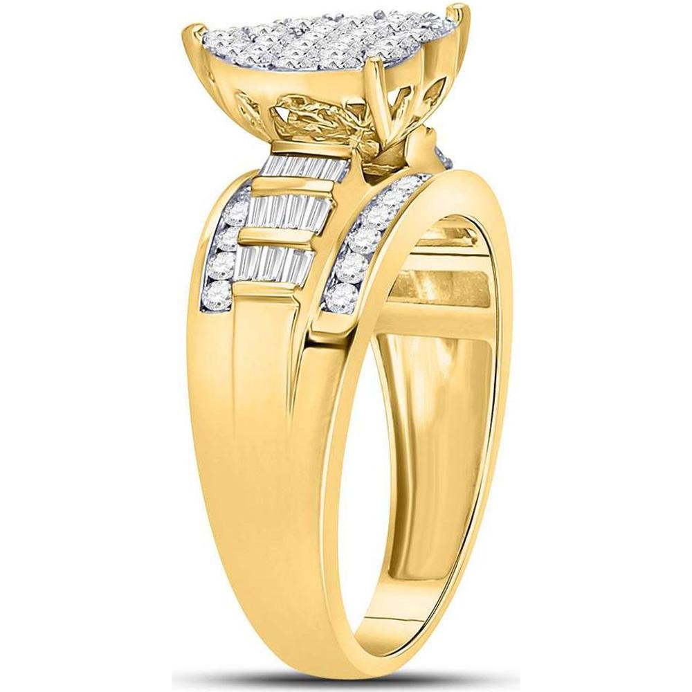 10K Yellow Gold Round Diamond Heart Cluster Bridal Engagement Ring with Pave and Baguette Diamonds - 1 Carat Total Diamond Weight