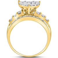 10K Yellow Gold Round Diamond Heart Cluster Bridal Engagement Ring with Pave and Baguette Diamonds - 1 Carat Total Diamond Weight