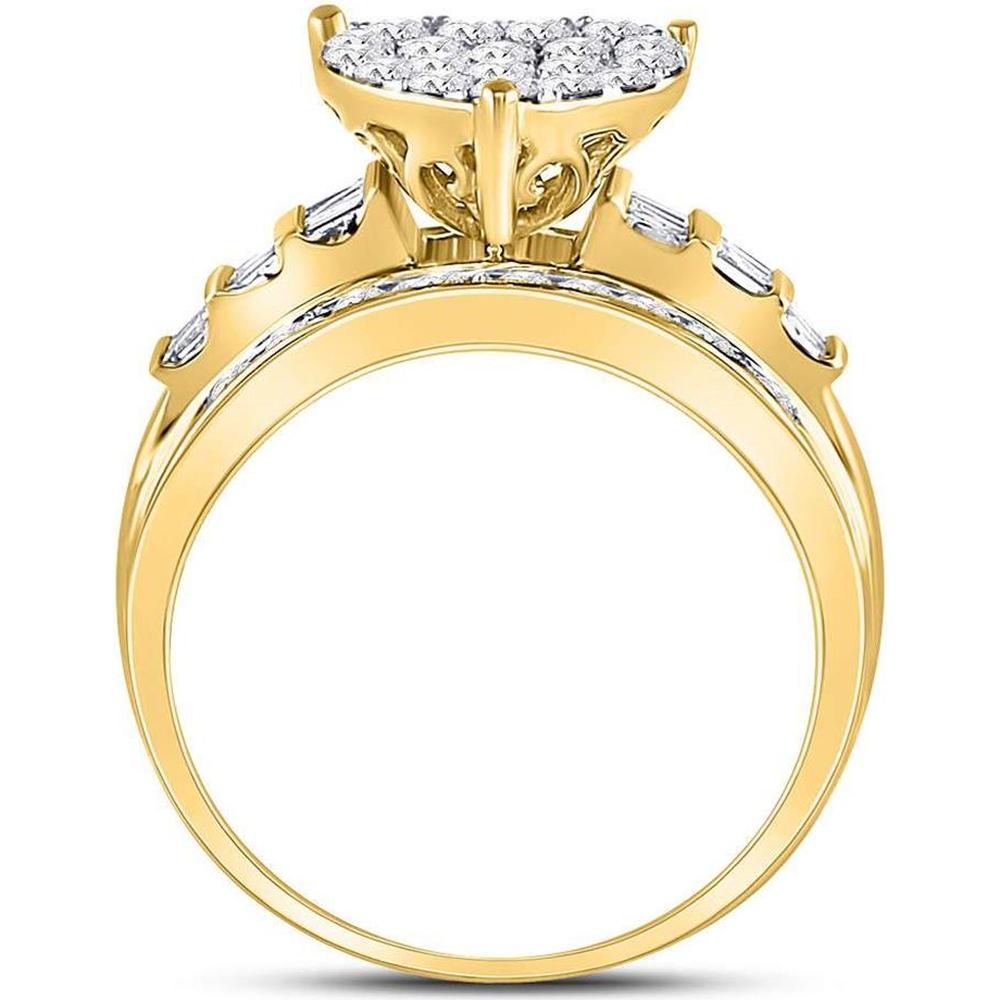 10K Yellow Gold Round Diamond Heart Cluster Bridal Engagement Ring with Pave and Baguette Diamonds - 1 Carat Total Diamond Weight