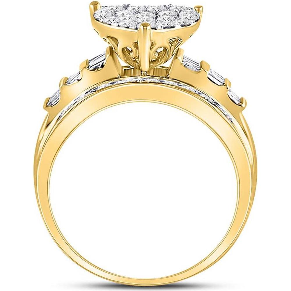 10K Yellow Gold Round Diamond Heart Cluster Bridal Engagement Ring with Pave and Baguette Diamonds - 1 Carat Total Diamond Weight