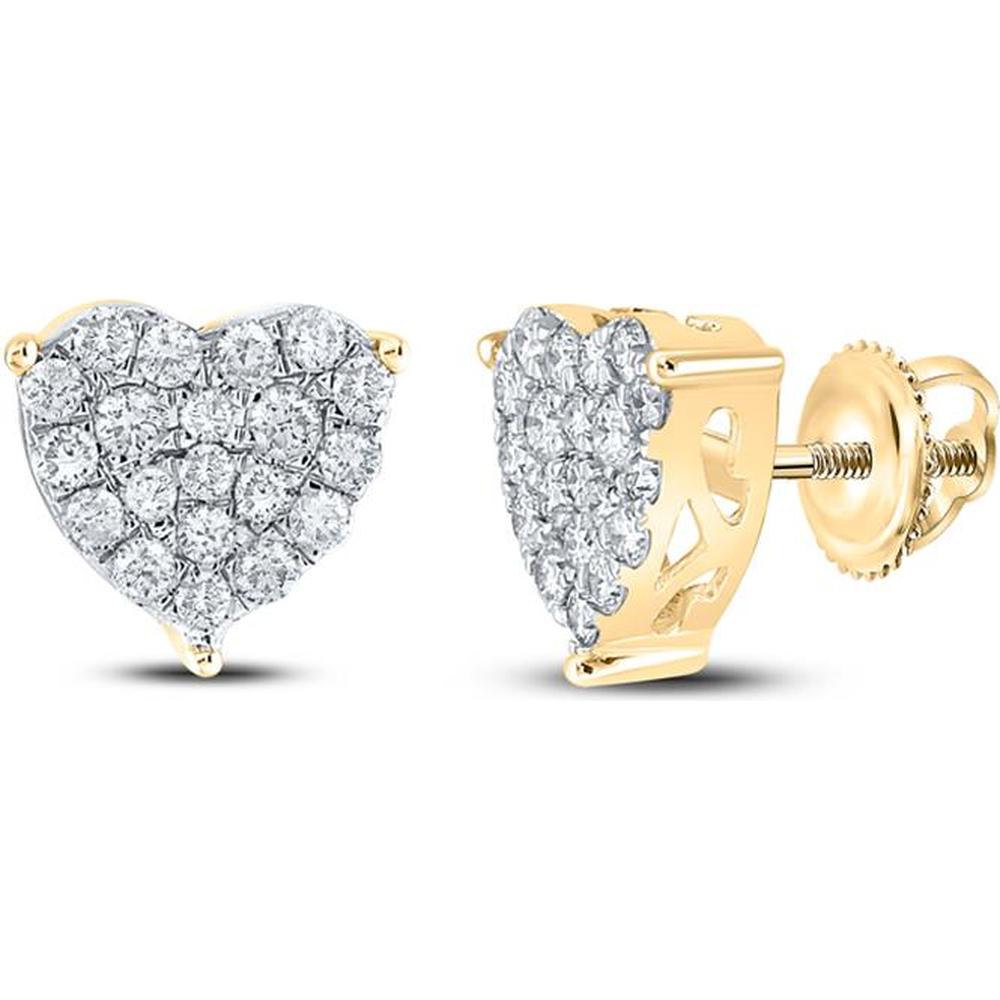 10K Yellow Gold Round Diamond Heart Earrings - 1.02 Carat Total Diamond Weight