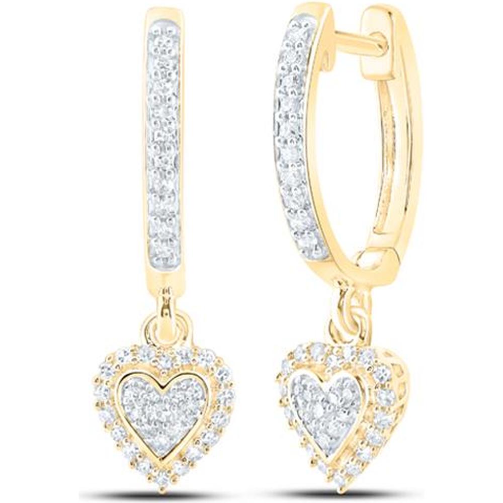 10K Yellow Gold Round Diamond Heart Hoop Dangle Earrings - 1/4 Carat Total Diamond Weight