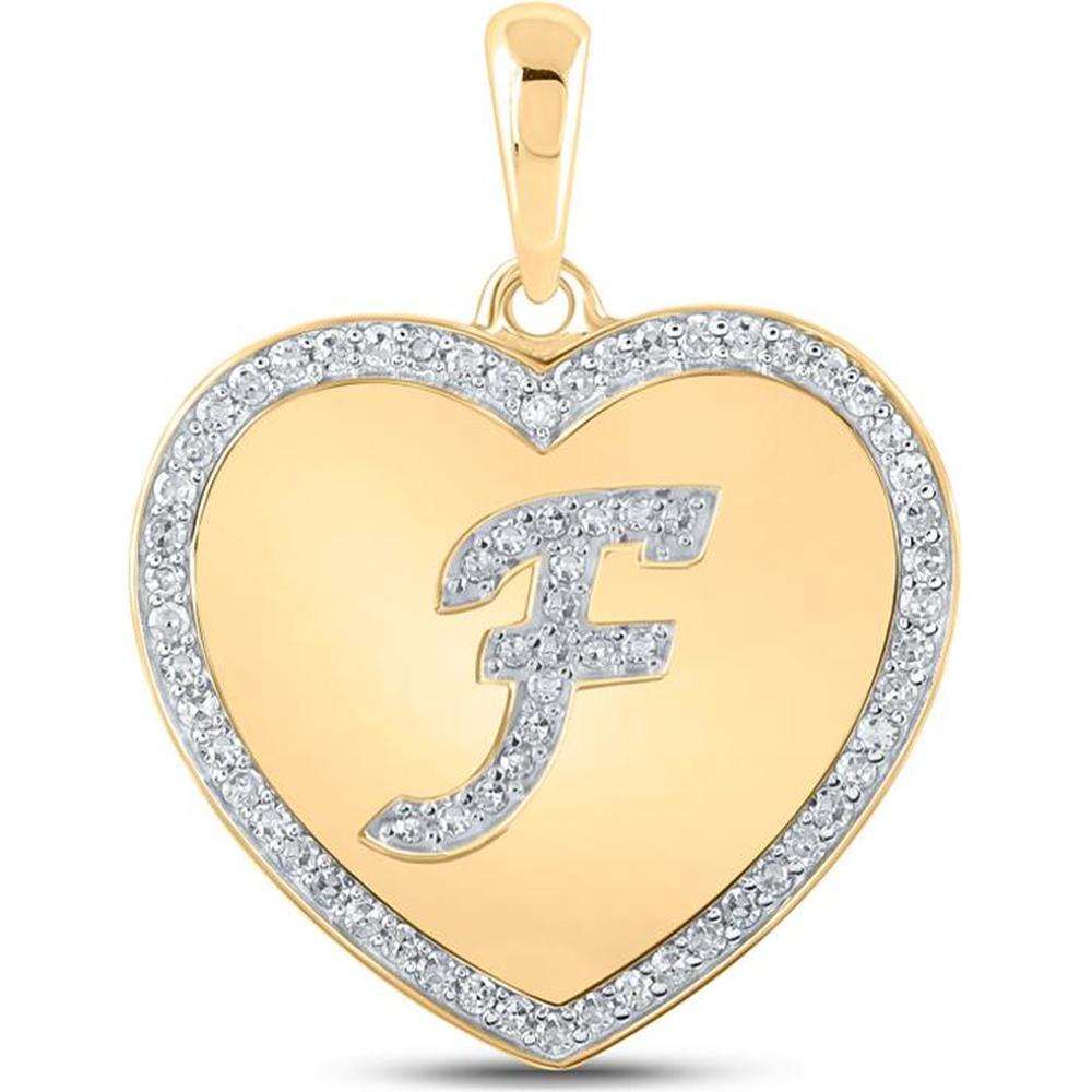 10K Yellow Gold Round Diamond Heart Pendant with F Letter - 1/4 Carat Total Diamond Weight
