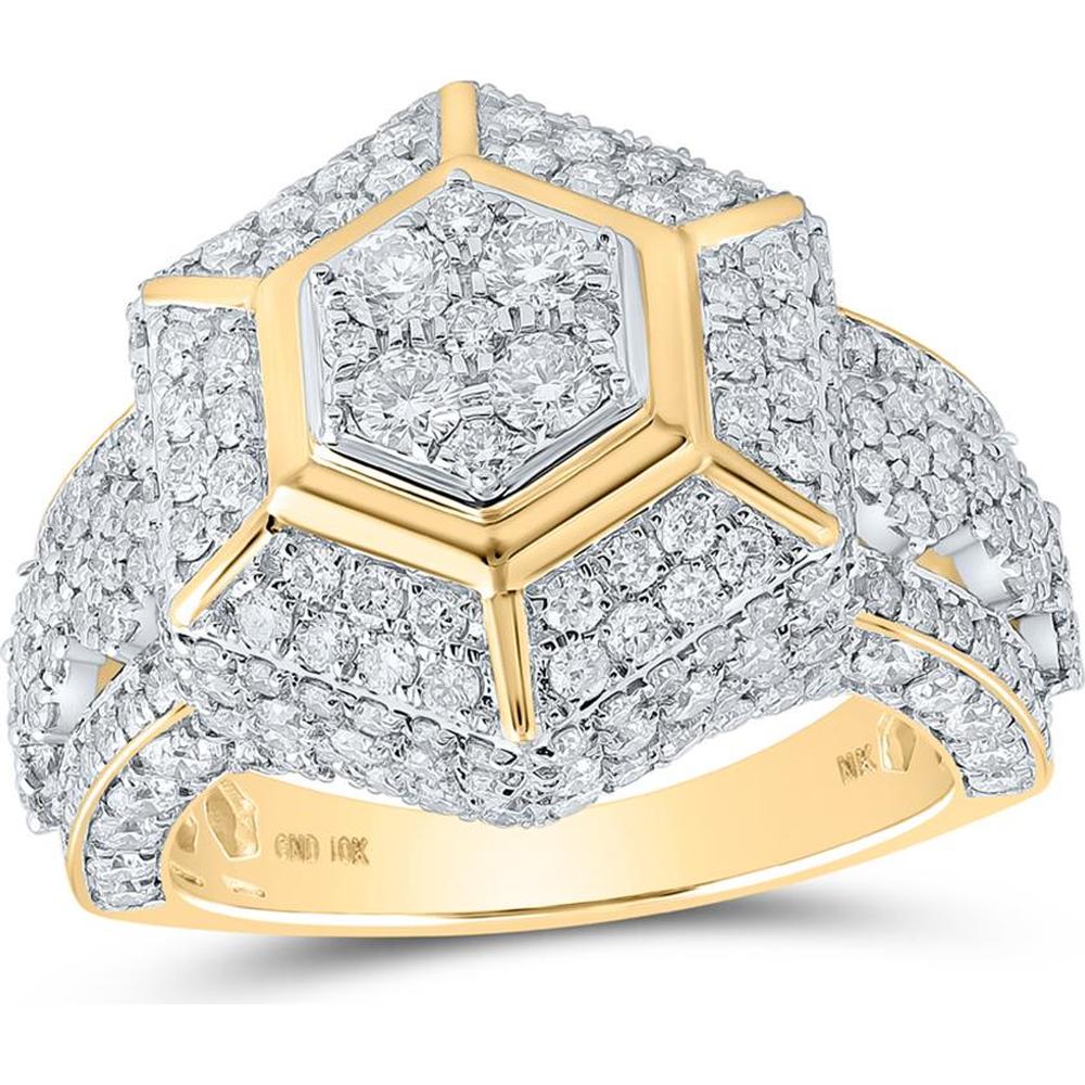 10K Yellow Gold Round Diamond Hexagon Cluster Ring - 3.68 Carat Total Diamond Weight