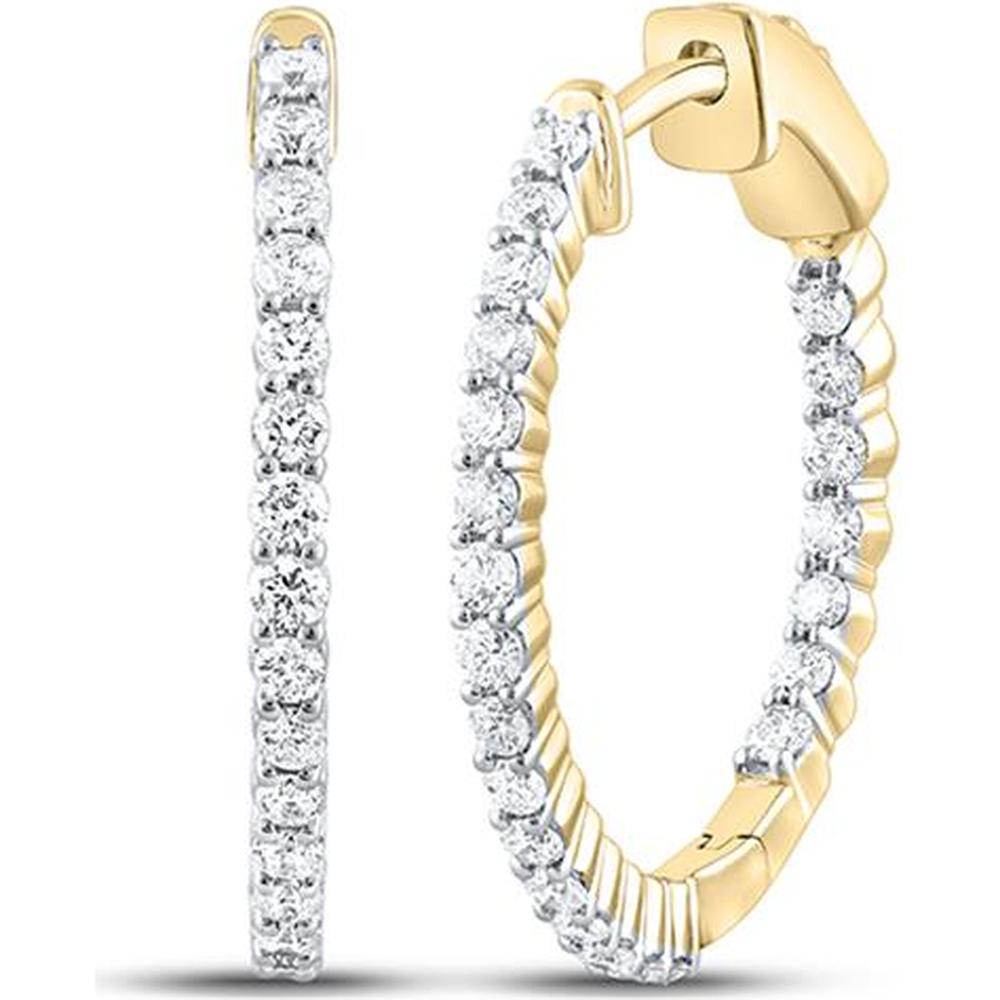 10K Yellow Gold Round Diamond Hoop Earrings - 1 Carat Total Diamond Weight