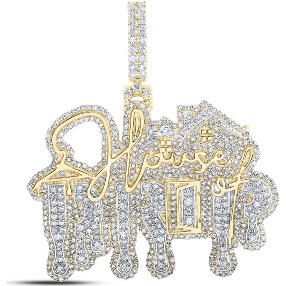 10K Yellow Gold Round Diamond House of Drip Phrase Charm Pendant - 2.88 Carat Total Diamond Weight
