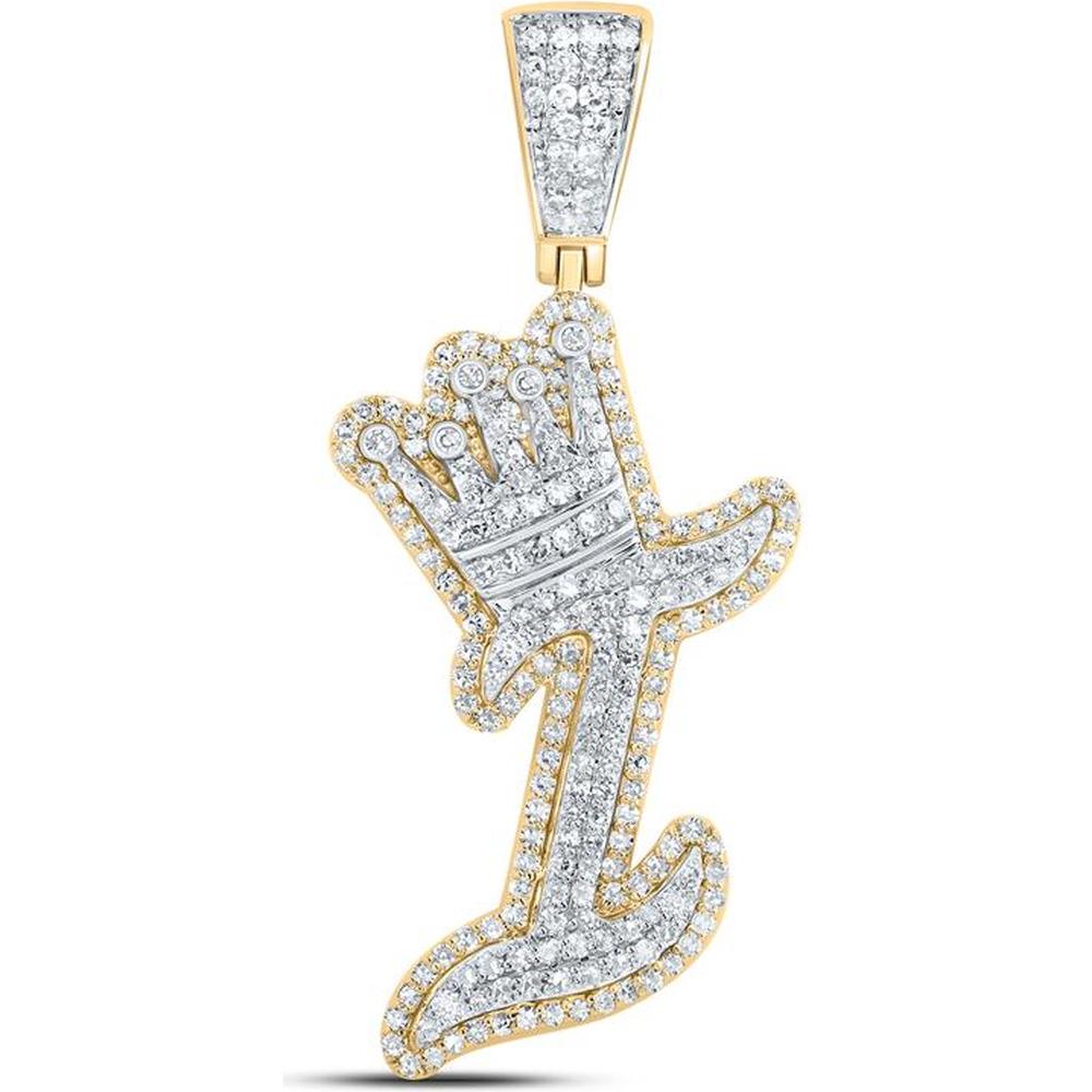 10K Yellow Gold Round Diamond "I" Crown Letter Charm Pendant - 1.1 Carat Total Diamond Weight