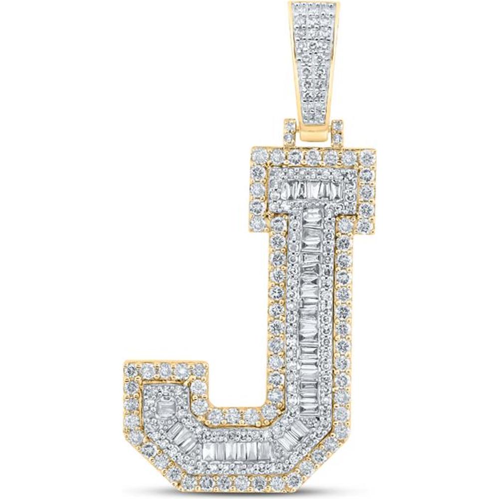 10K Yellow Gold Round Diamond "J" Initial Pendant with Baguette Diamonds - 2.00 Carat Total Diamond Weight