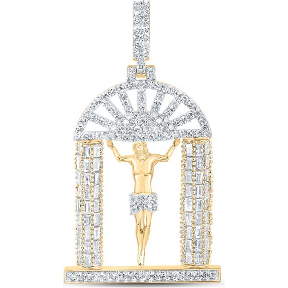 10K Yellow Gold Round Diamond Jesus Charm Pendant with Baguette Diamonds - 3.75 Carat Total Diamond Weight
