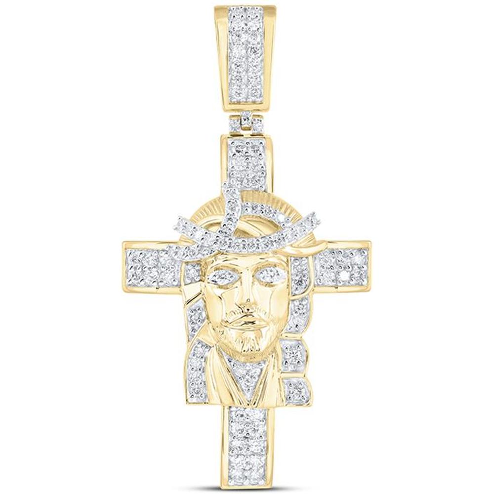 10K Yellow Gold Round Diamond Jesus Cross Charm Pendant - 1 Carat Total Diamond Weight