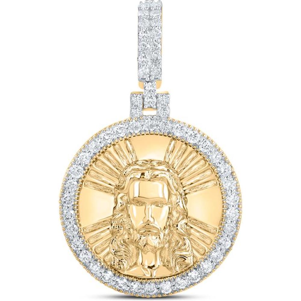 10K Yellow Gold Round Diamond Jesus Face Circle Charm Pendant - 3/4 Carat Total Diamond Weight