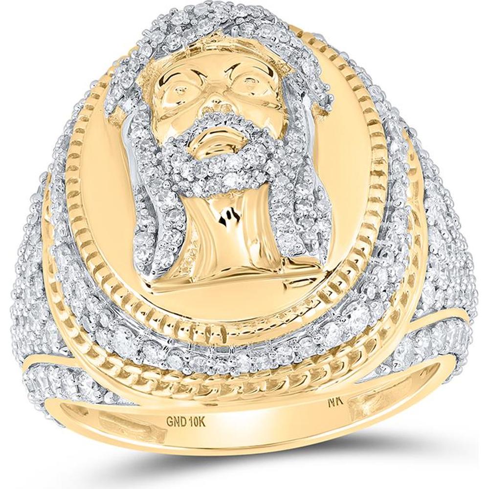 10K Yellow Gold Round Diamond Jesus Face Oval Ring - 2.21 Carat Total Diamond Weight