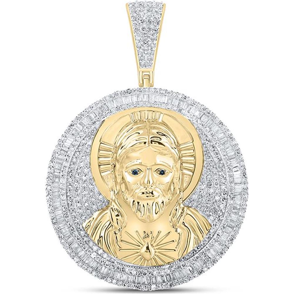 10K Yellow Gold Round Diamond Jesus Medallion Circle Charm Pendant with Blue Diamonds - 2.5 Carat Total Gem Weight