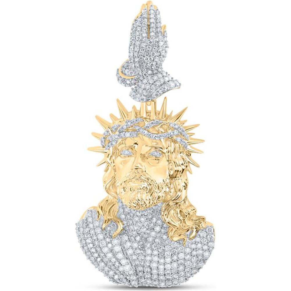 10K Yellow Gold Round Diamond Jesus Prayer Hands Charm Pendant - 4 Carat Total Diamond Weight