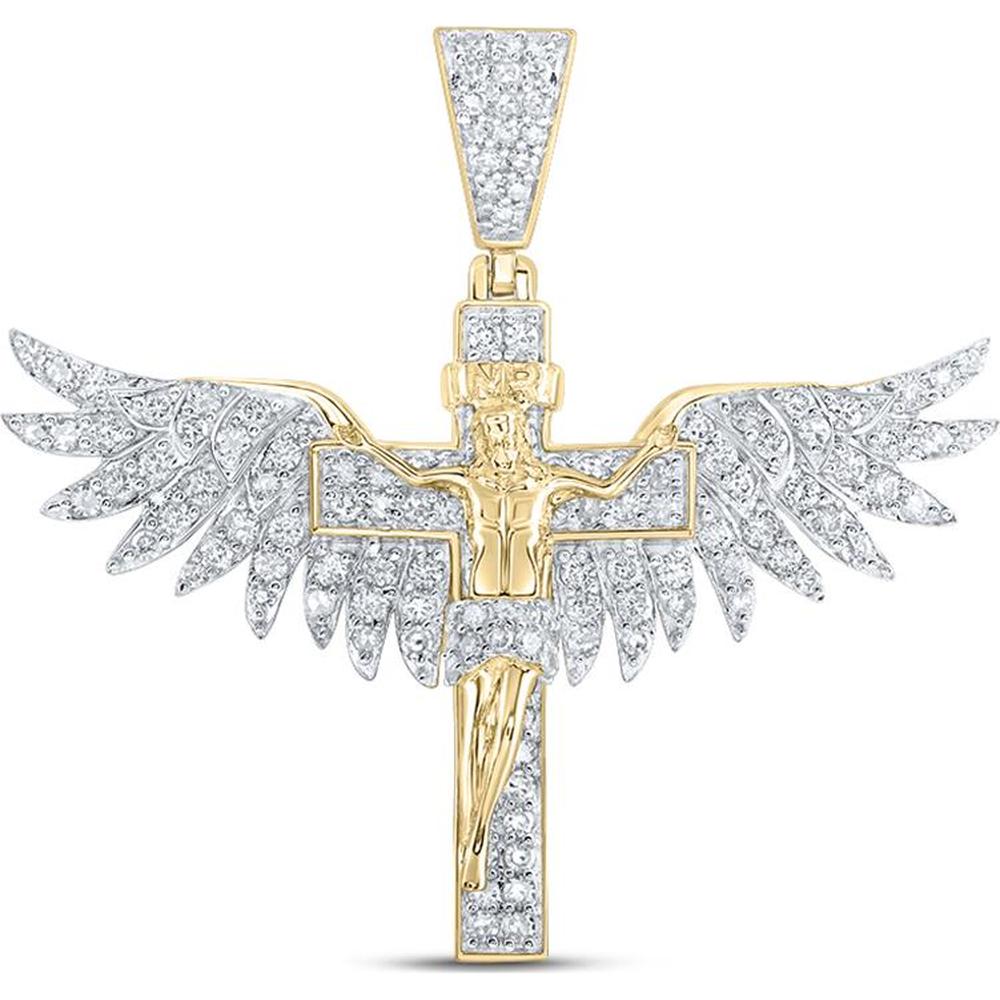 10K Yellow Gold Round Diamond Jesus Wings Cross Charm Pendant - 1.09 Carat Total Diamond Weight