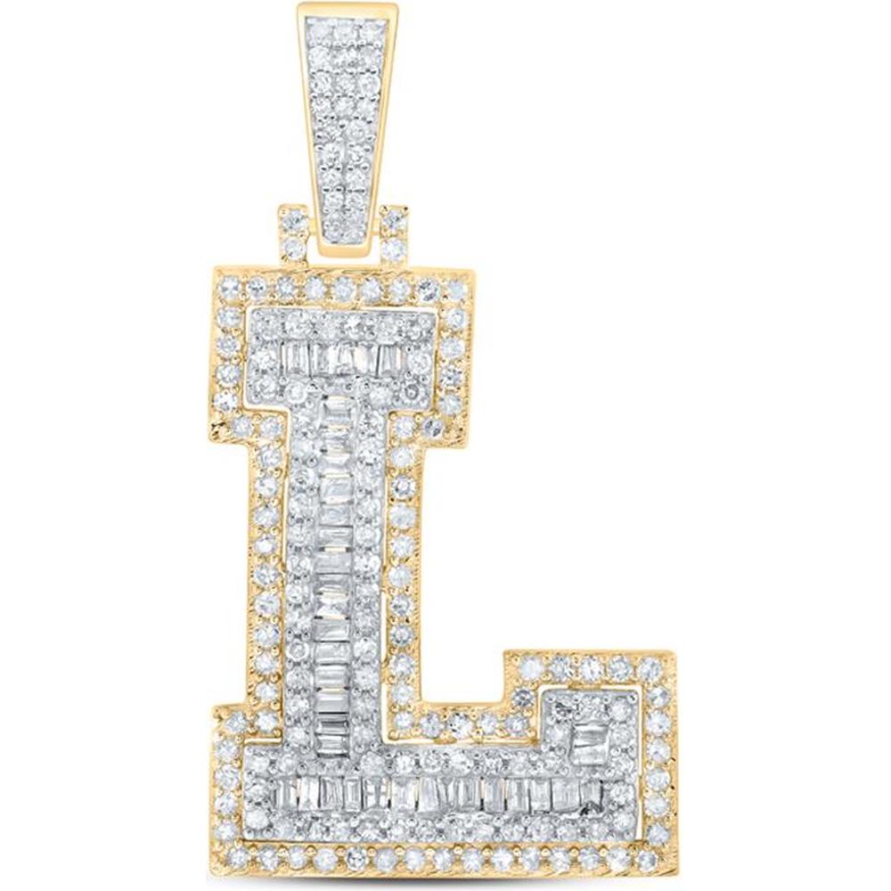 10K Yellow Gold Round Diamond L Initial Pendant with Baguette Diamonds - 7/8 Carat Total Diamond Weight