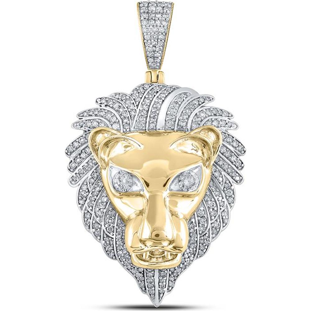 10K Yellow Gold Round Diamond Lion Face Charm Pendant - 1.33 Carat Total Diamond Weight