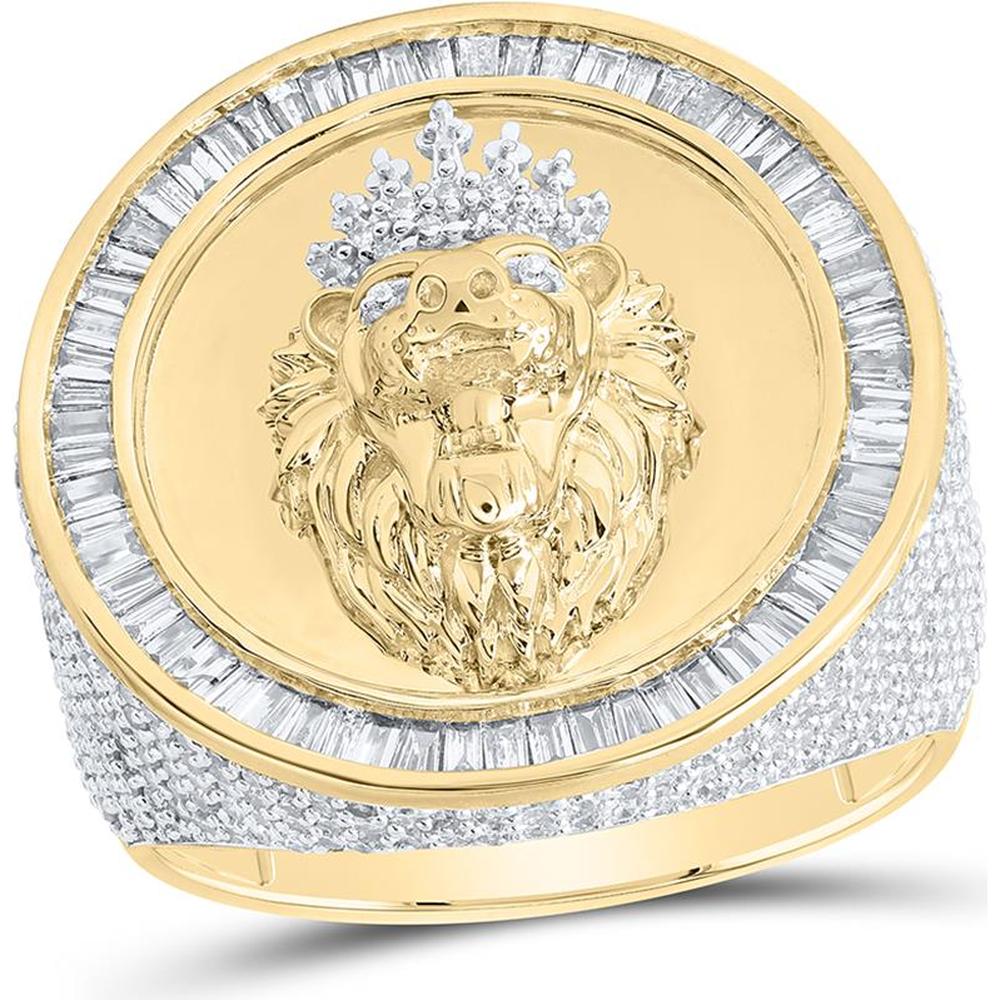 10K Yellow Gold Round Diamond Lion Face Circle Ring with Baguette and Round Diamonds - 2.38 Carat Total Diamond Weight