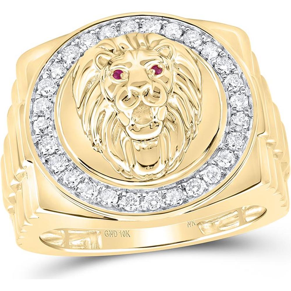 10K Yellow Gold Round Diamond Lion Face Circle Ring with Sapphire Eyes - 1/2 Carat Total Diamond Weight