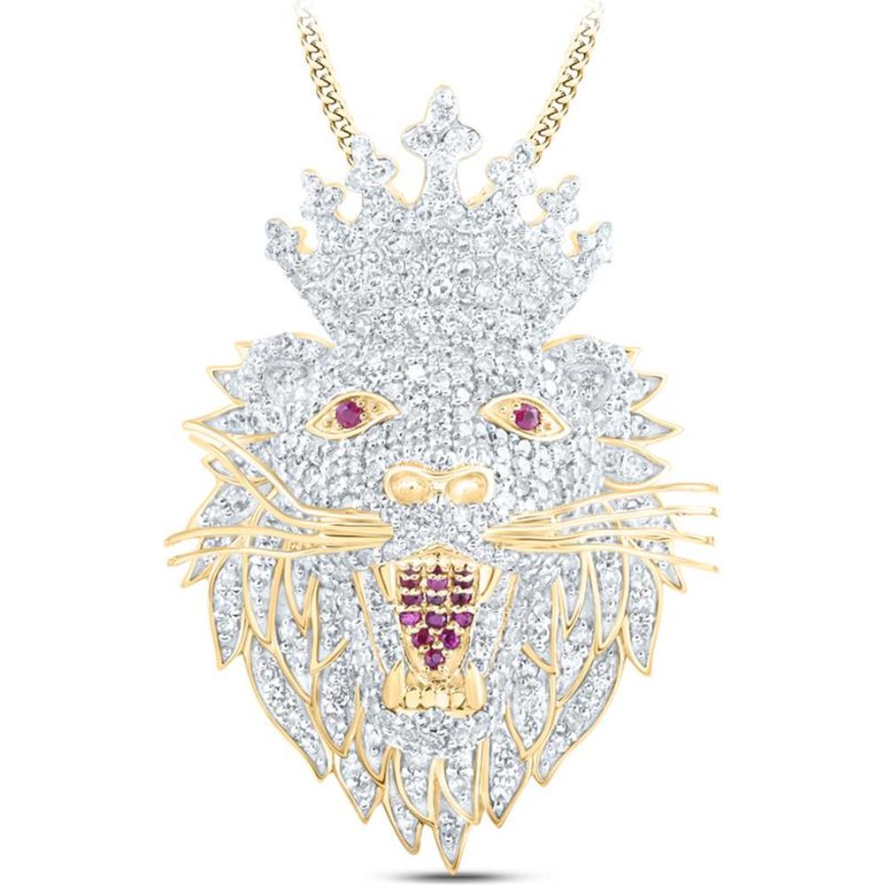 10K Yellow Gold Round Diamond Lion Face Crown Charm Pendant with Ruby Eyes - 2 Carat Total Diamond Weight