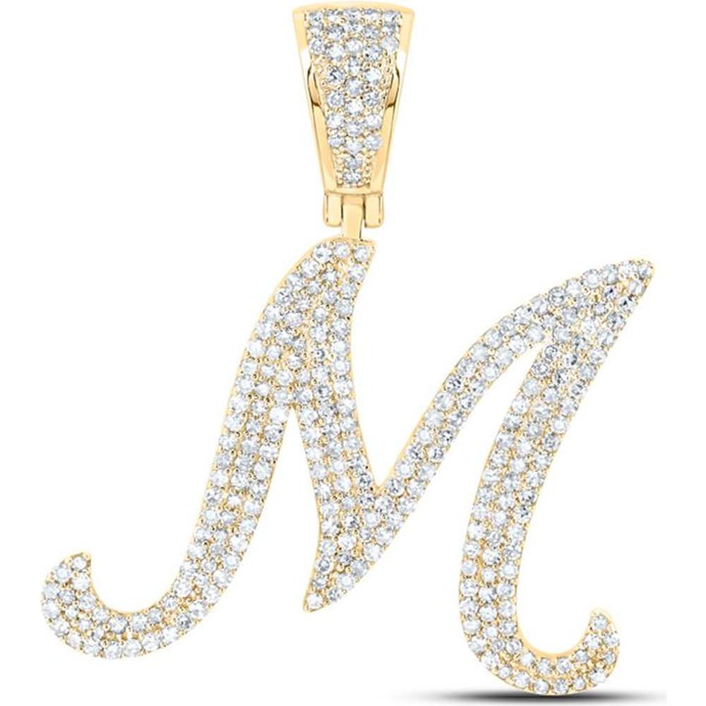 10K Yellow Gold Round Diamond M Initial Letter Charm Pendant - 1.2 Carat Total Diamond Weight