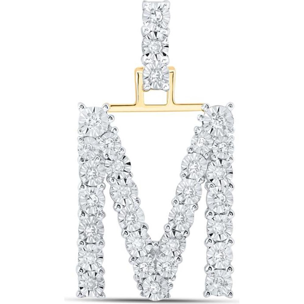 10K Yellow Gold Round Diamond "M" Initial Pendant - 0.17 Carat Total Diamond Weight