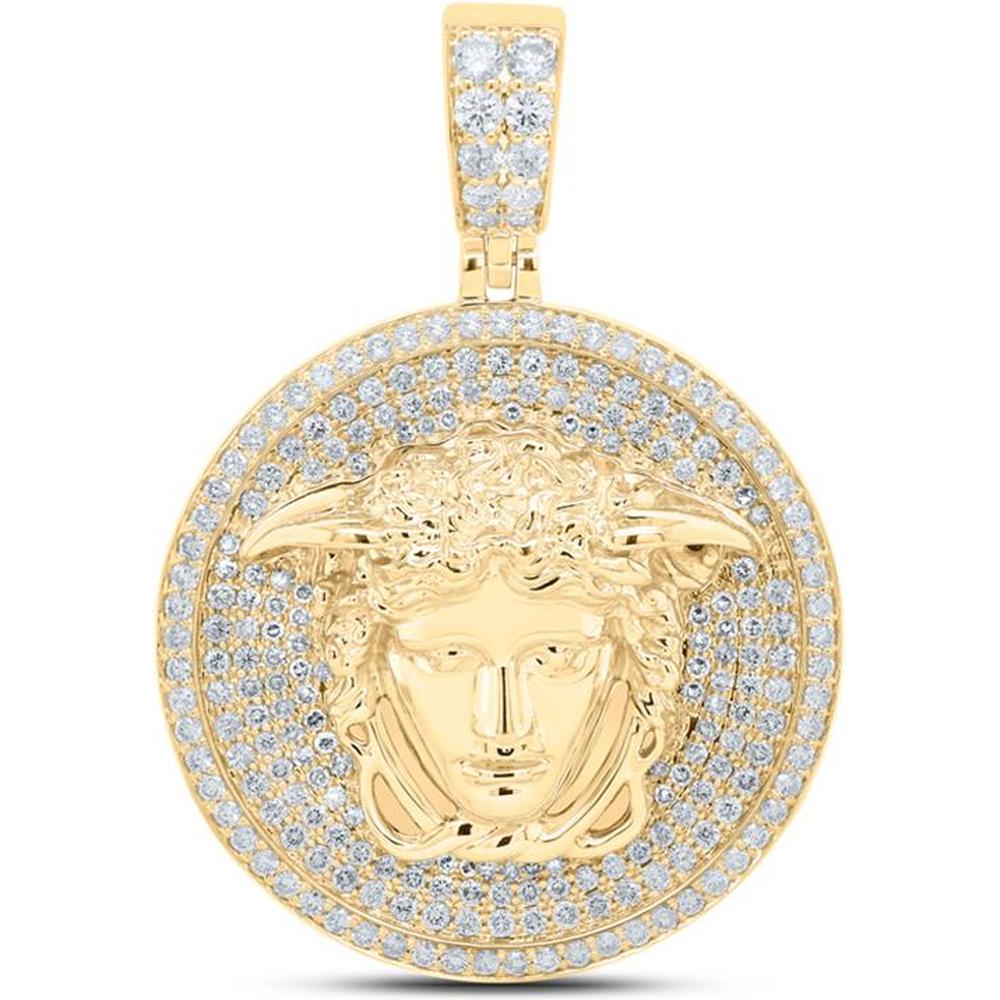 10K Yellow Gold Round Diamond Medusa Circle Charm Pendant - 2.62 Carat Total Diamond Weight