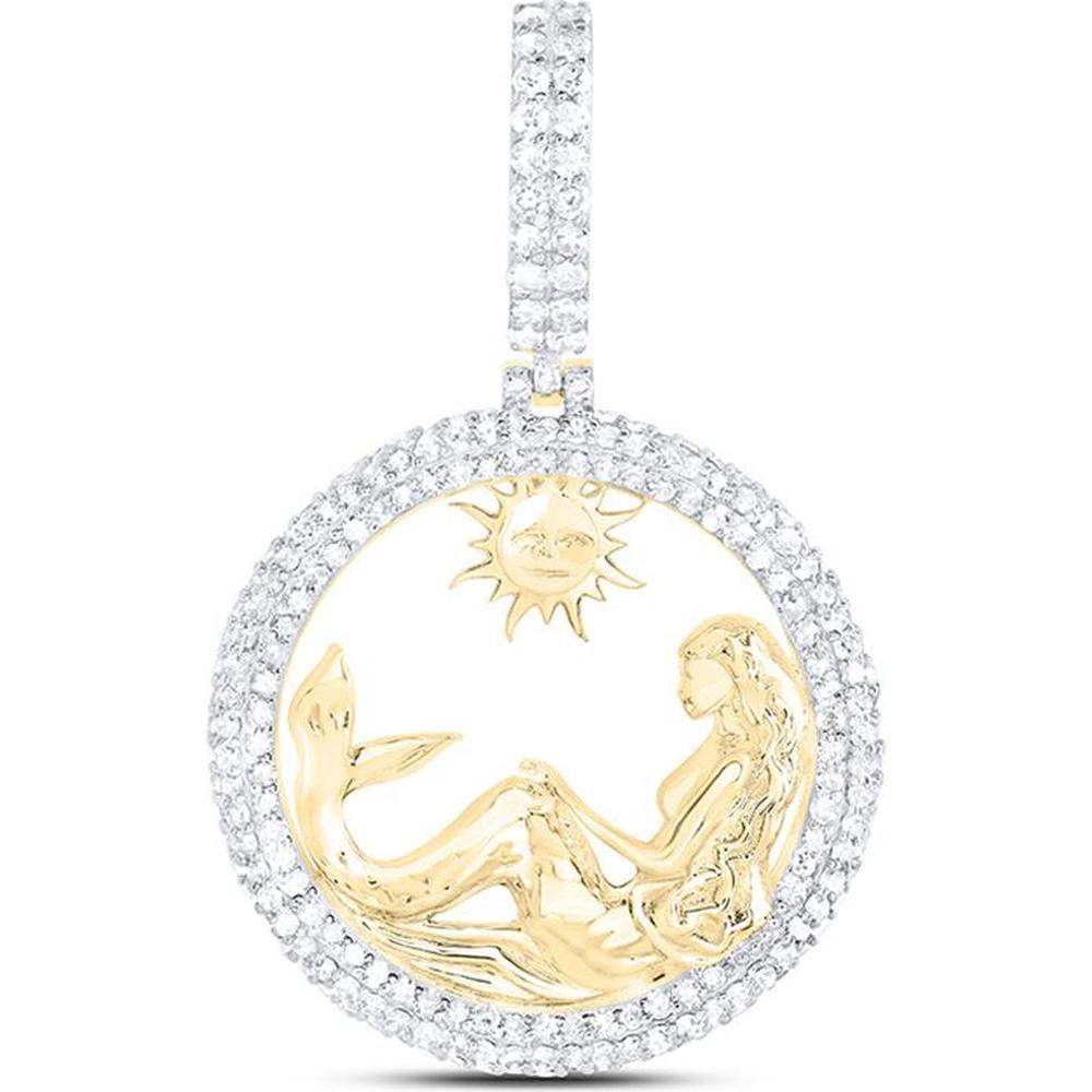 10K Yellow Gold Round Diamond Mermaid Circle Charm Pendant - 1.08 Carat Total Diamond Weight