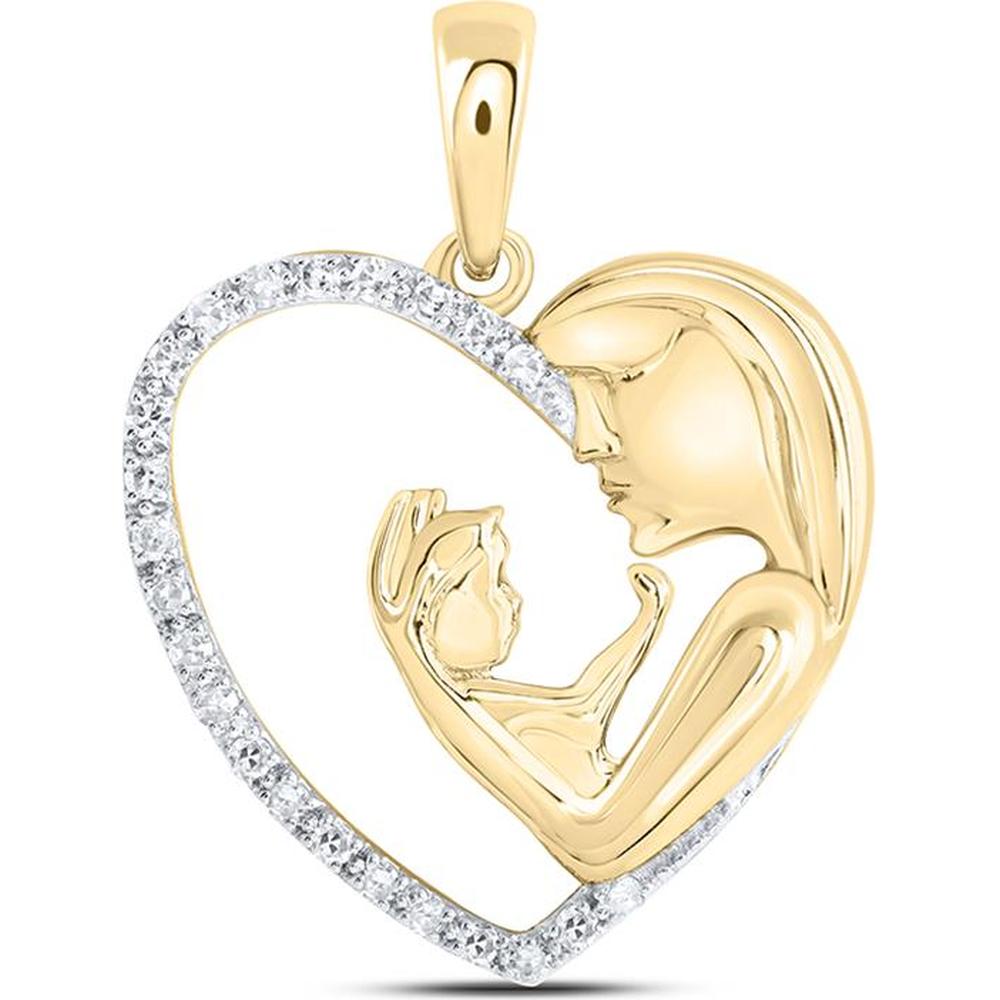 10K Yellow Gold Round Diamond Mom Child Heart Pendant - 0.11 Carat Total Diamond Weight