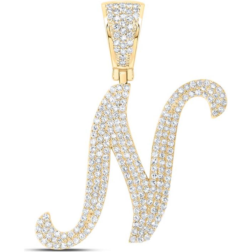 10K Yellow Gold Round Diamond "N" Initial Letter Pendant - 1 Carat Total Diamond Weight