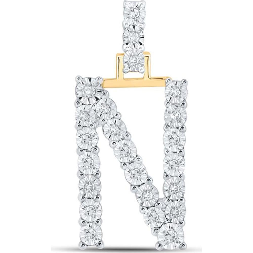 10K Yellow Gold Round Diamond "N" Initial Pendant - 1/8 Carat Total Diamond Weight