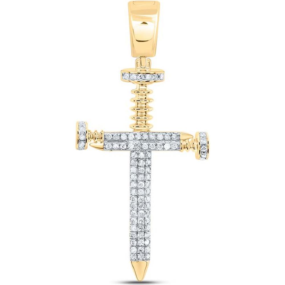 10K Yellow Gold Round Diamond Nail Cross Charm Pendant - 0.4 Carat Total Diamond Weight