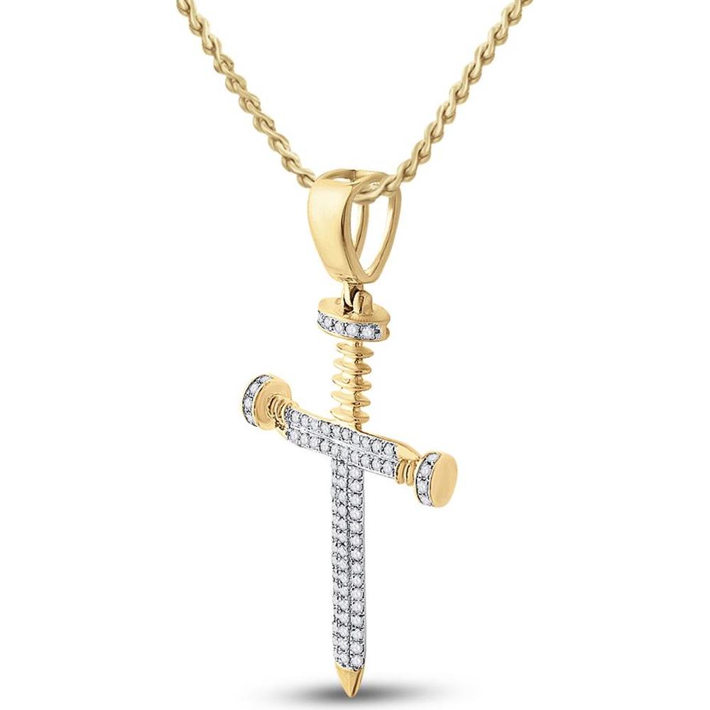 10K Yellow Gold Round Diamond Nail Cross Charm Pendant - 0.4 Carat Total Diamond Weight