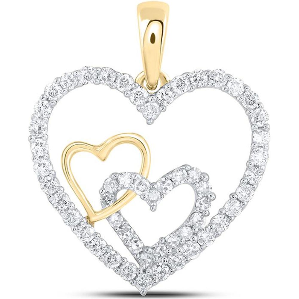 10K Yellow Gold Round Diamond Nested Heart Pendant - 3/8 Carat Total Diamond Weight