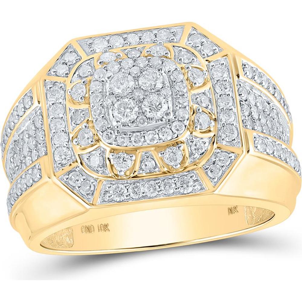 10K Yellow Gold Round Diamond Octagon Cluster Ring with 1-1/3 Carat Total Diamond Weight