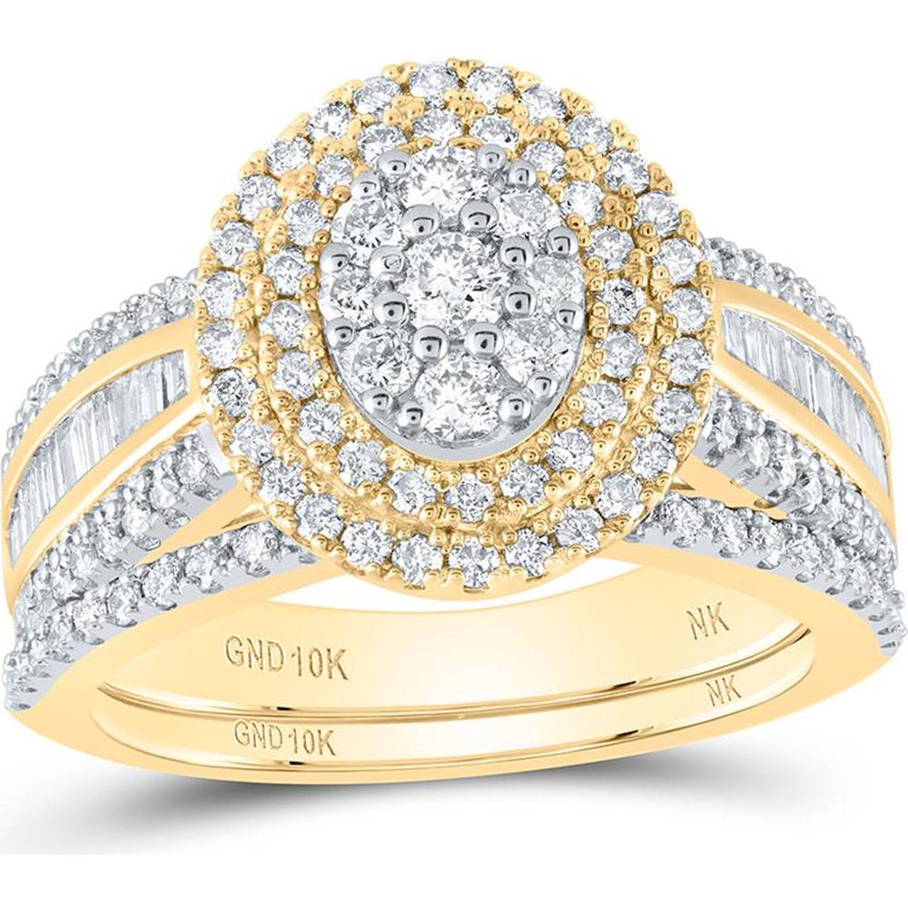 10K Yellow Gold Round Diamond Oval Bridal Wedding Ring Set with Channel-Set Baguette Diamonds - 1.25 Carat Total Diamond Weight