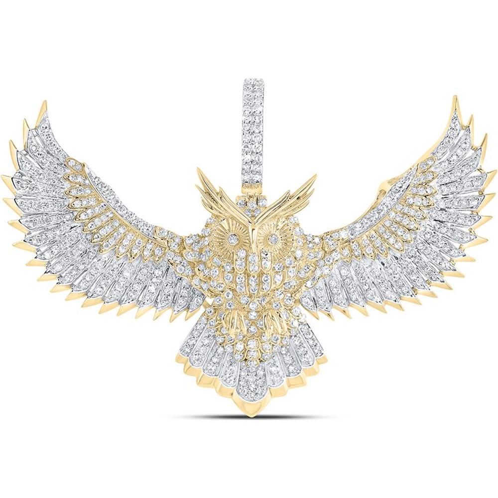 10K Yellow Gold Round Diamond Owl Bird Charm Pendant - 1.27 Carat Total Diamond Weight