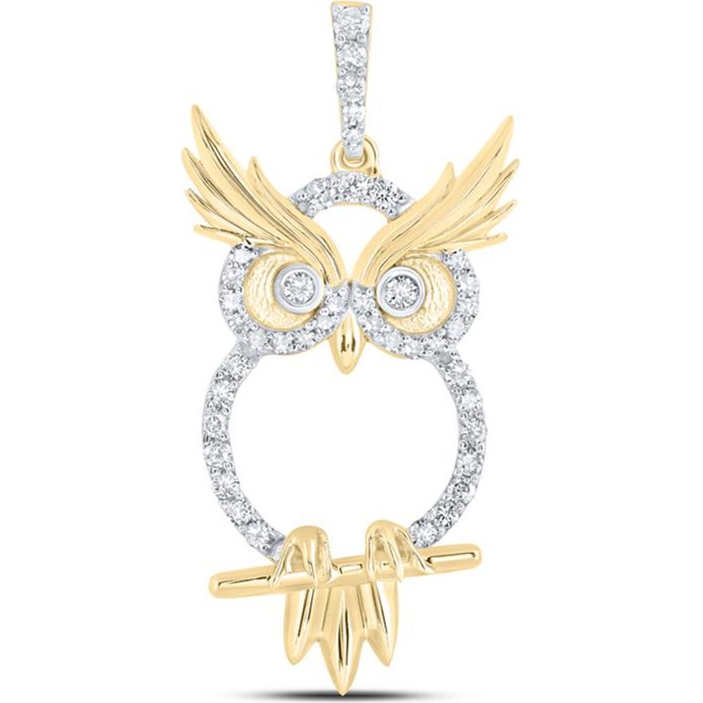 10K Yellow Gold Round Diamond Owl Pendant - 1/3 Carat Total Diamond Weight