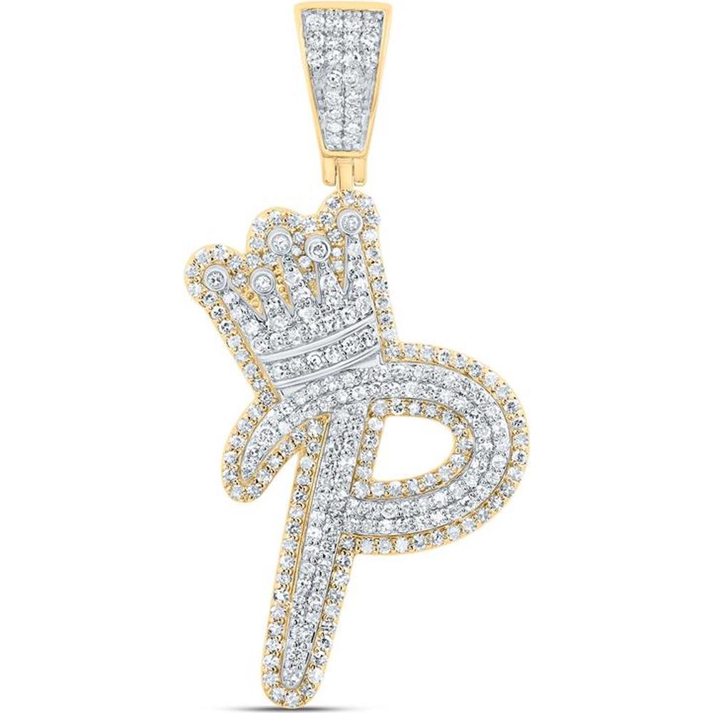 10K Yellow Gold Round Diamond P Crown Letter Charm Pendant with 1.17 Carat Total Diamond Weight