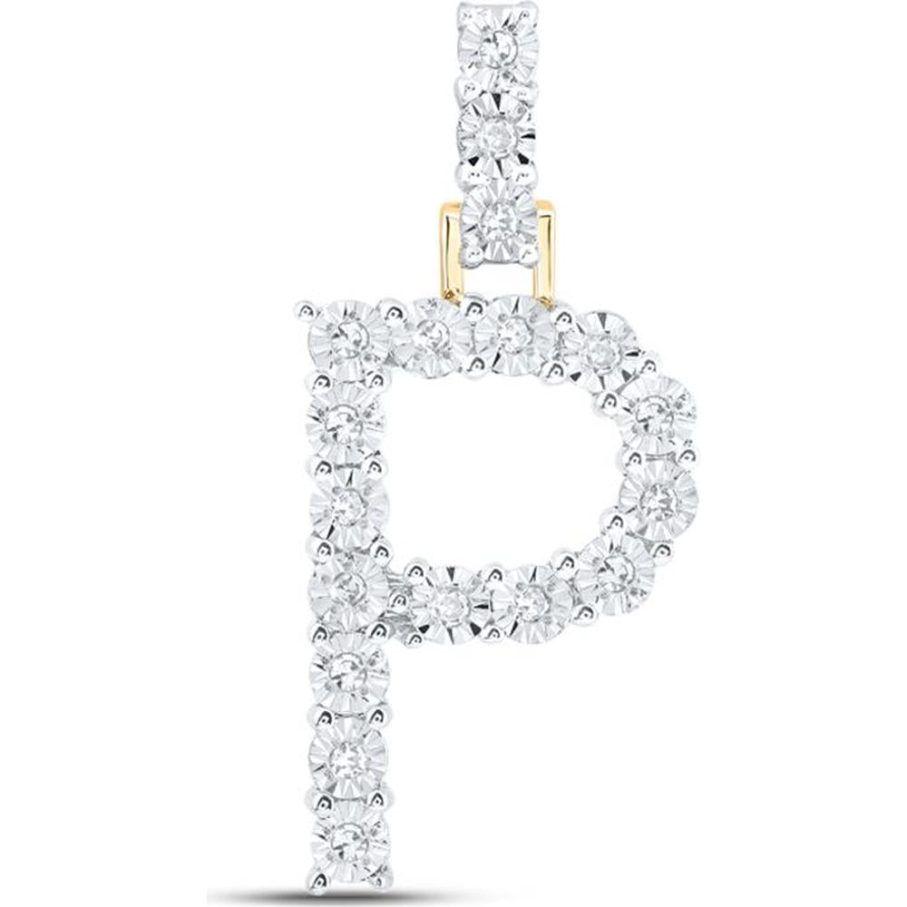 10K Yellow Gold Round Diamond P Initial Letter Pendant - 1/10 Carat Total Diamond Weight