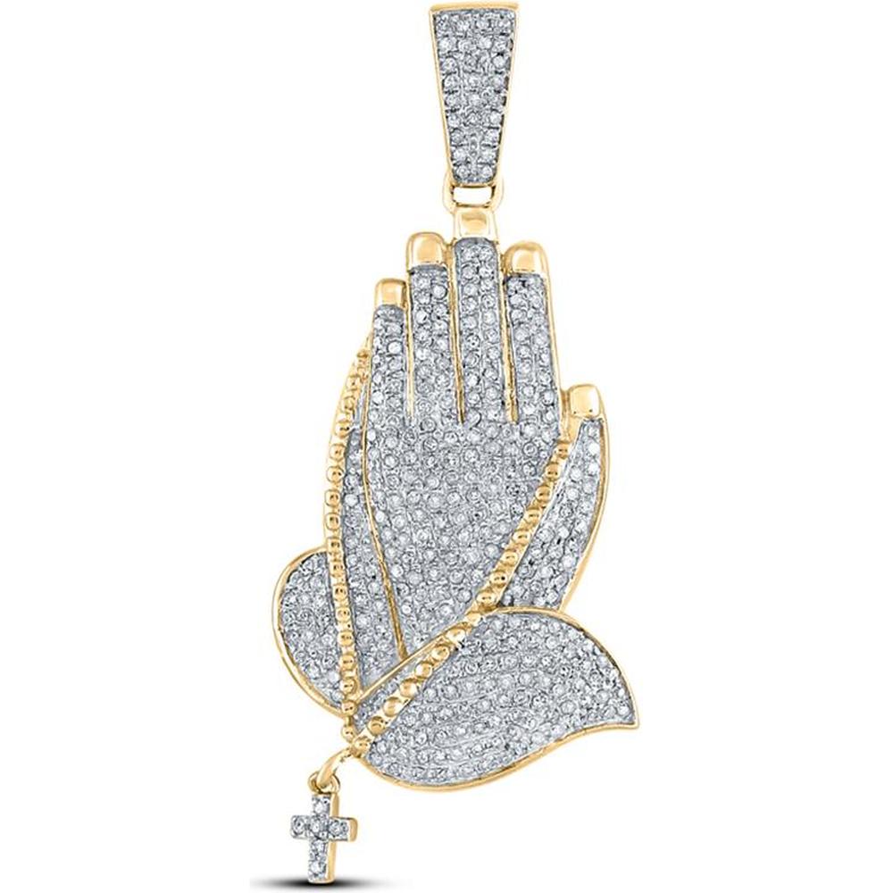 10K Yellow Gold Round Diamond Prayer Hands Charm Pendant - 7/8 Carat Total Diamond Weight
