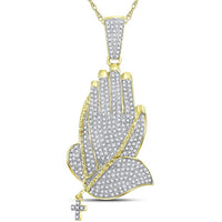 10K Yellow Gold Round Diamond Prayer Hands Charm Pendant - 7/8 Carat Total Diamond Weight