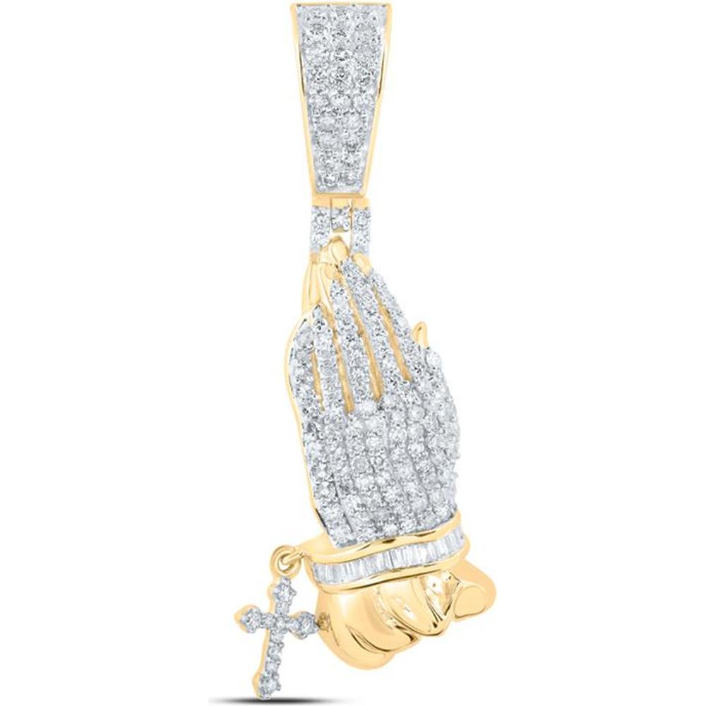10K Yellow Gold Round Diamond Prayer Hands Cross Charm Pendant - 7/8 Carat Total Diamond Weight
