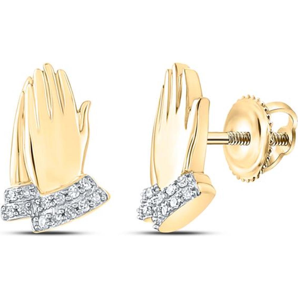 10K Yellow Gold Round Diamond Praying Hands Stud Earrings - 1/12 Carat Total Diamond Weight