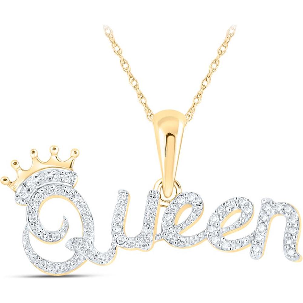 10K Yellow Gold Round Diamond Queen Crown Pendant - 1/6 Carat Total Diamond Weight