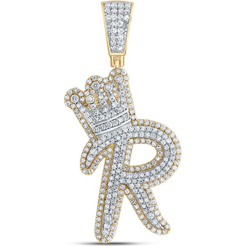 10K Yellow Gold Round Diamond "R" Crown Letter Charm Pendant - 1.27 Carat Total Diamond Weight