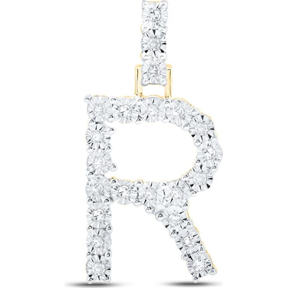 10K Yellow Gold Round Diamond "R" Initial Letter Pendant - 1/10 Carat Total Diamond Weight