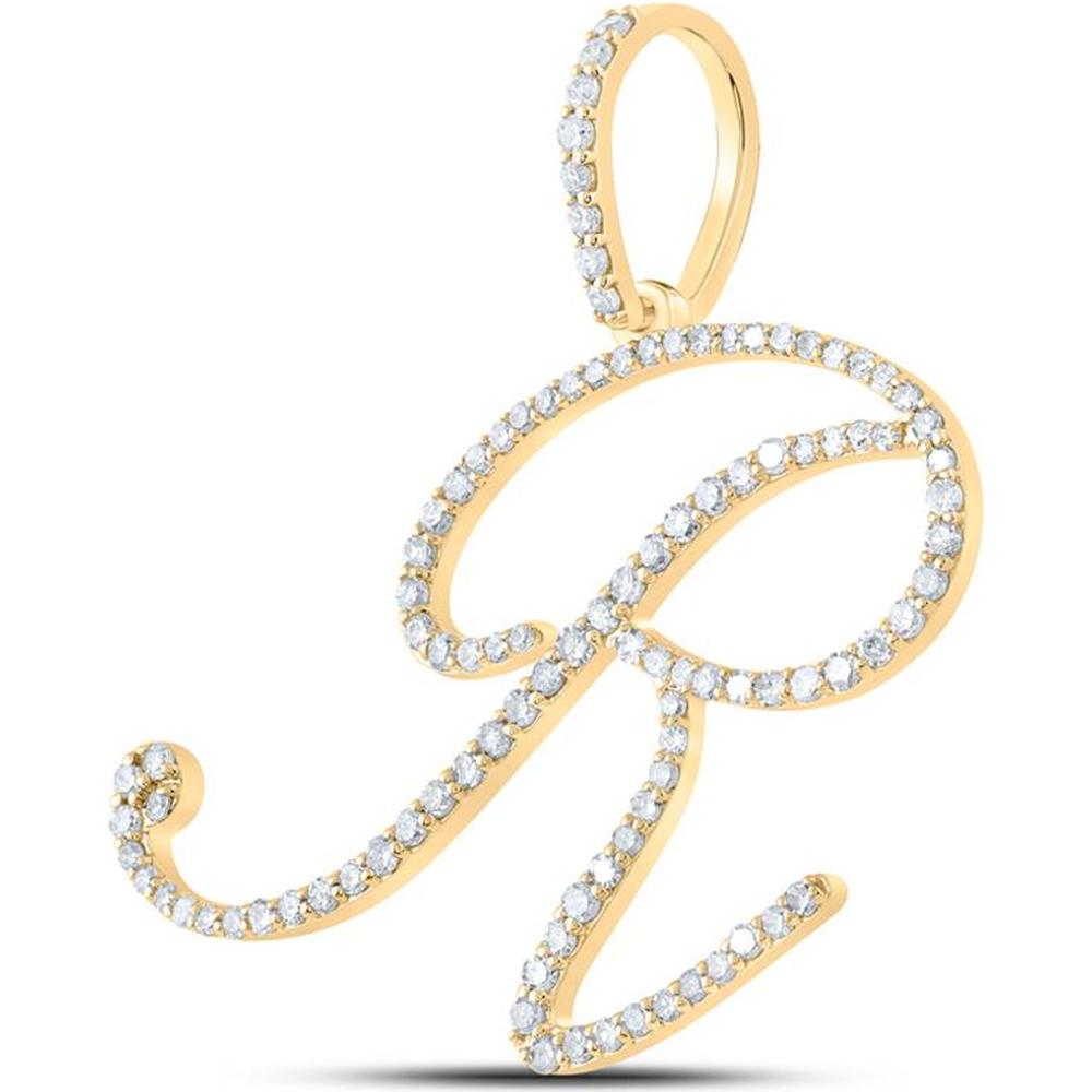 10K Yellow Gold Round Diamond "R" Initial Pendant - 5/8 Carat Total Diamond Weight