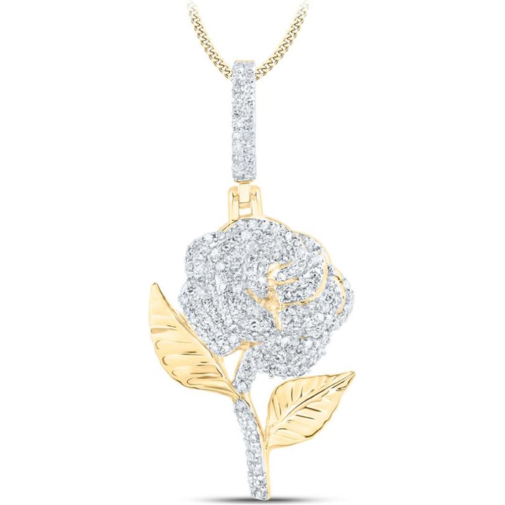 10K Yellow Gold Round Diamond Rose Flower Charm Pendant - 0.64 Carat Total Diamond Weight